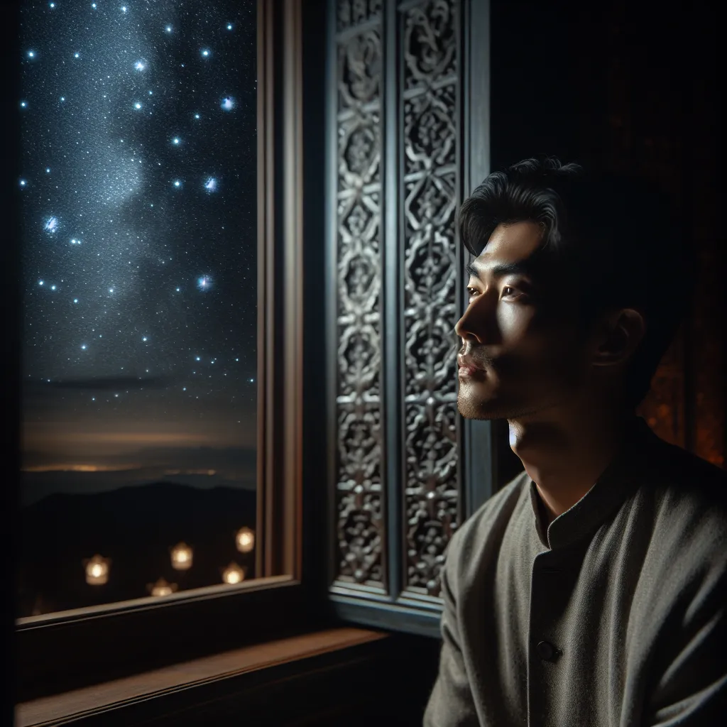 Image of a thoughtful person looking out of a window at a starry night sky.