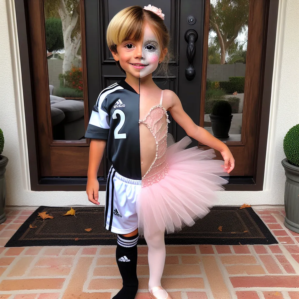 **Title: The Perfect Halloween Costume**

As Halloween approached, Jake had a brilliant idea that would turn heads and spark laughter. He and his sister, Lily, would create a costume that was unlike anything anyone had ever seen—each would dress as half of a soccer player and half of a ballerina. The catch? They would swap their outfits to showcase their creativity.

Together, in a flurry of excitement, they set to work. They carefully cut Jake's soccer shorts and jersey in half, blending them w