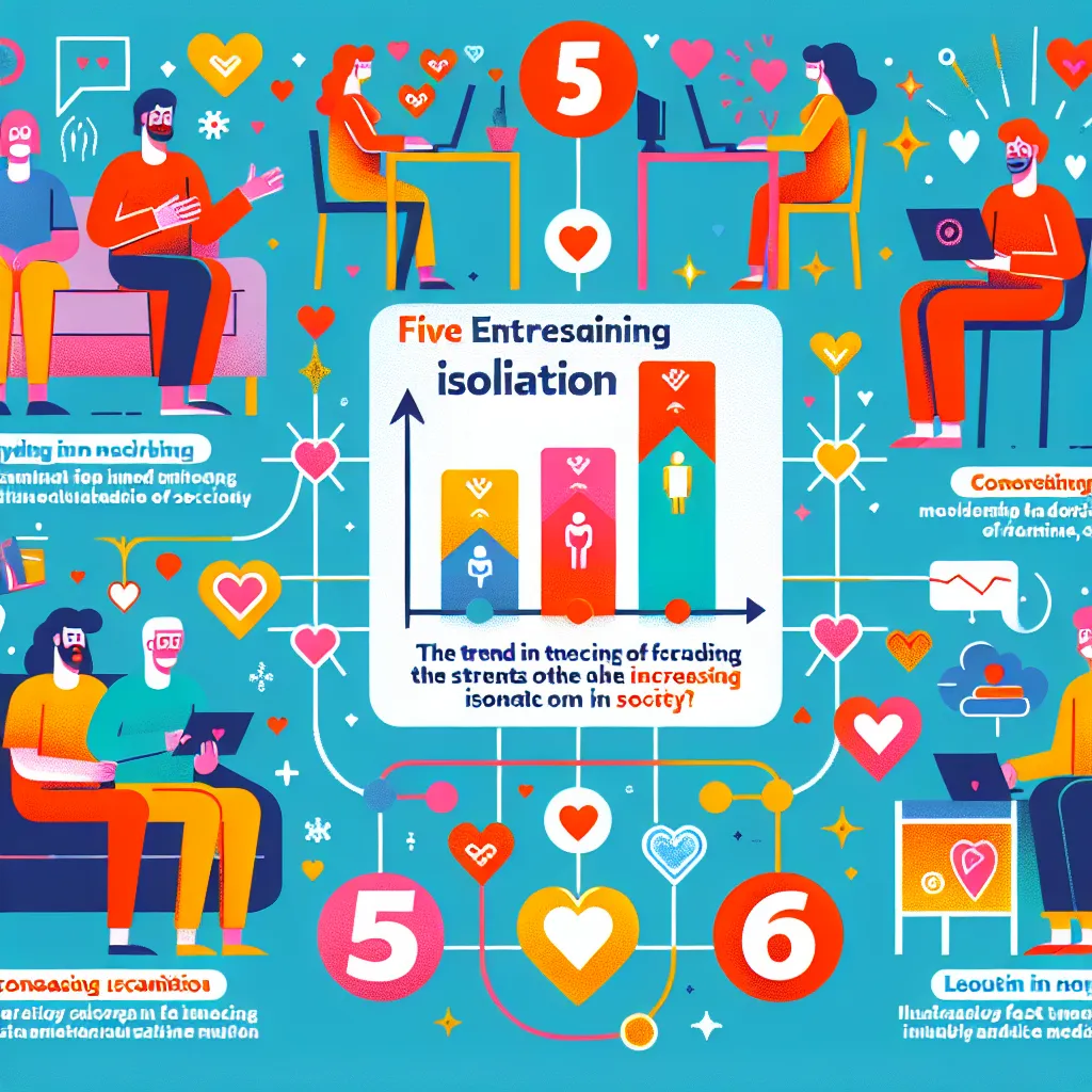 Infographic with five fun facts about the loneliness epidemic, featuring illustrations of people in various social situations, heart symbols, and statistics in vibrant colors.