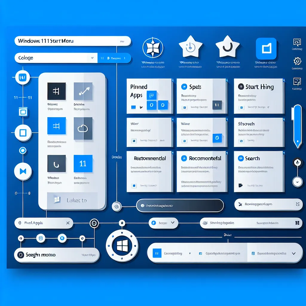 Infographic showcasing the Windows 11 start menu, highlighting its components with labels and icons, indicating if it's built with React Native.