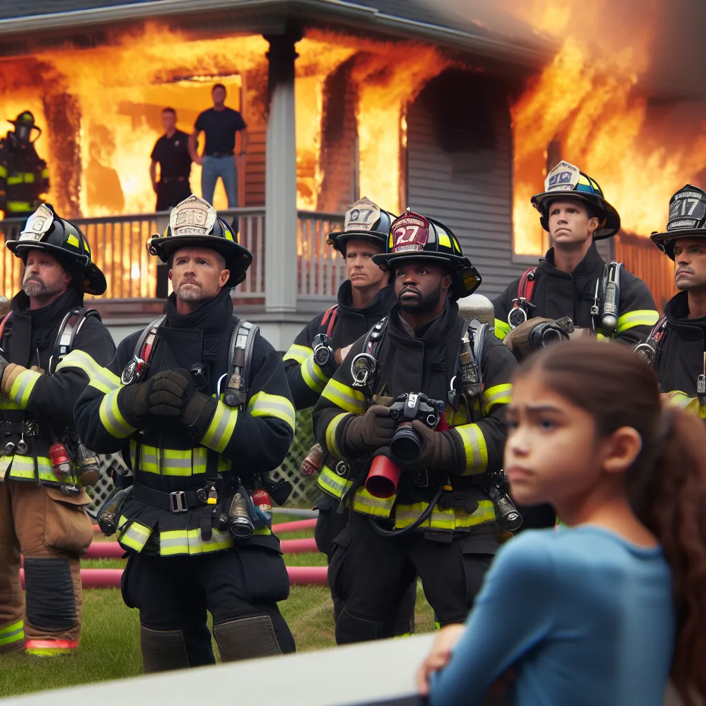 Image description: A group of firefighters from the Los Angeles Fire Department, in full gear, extinguishing a house fire while a teenage girl, visibly relieved, watches from a safe distance.