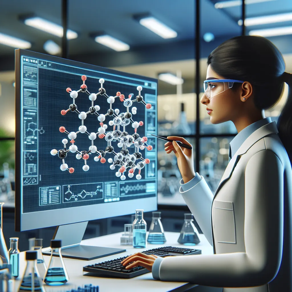 Digital illustration of a scientist analyzing the molecular structure of cyclohexanone on a computer screen in a modern laboratory.