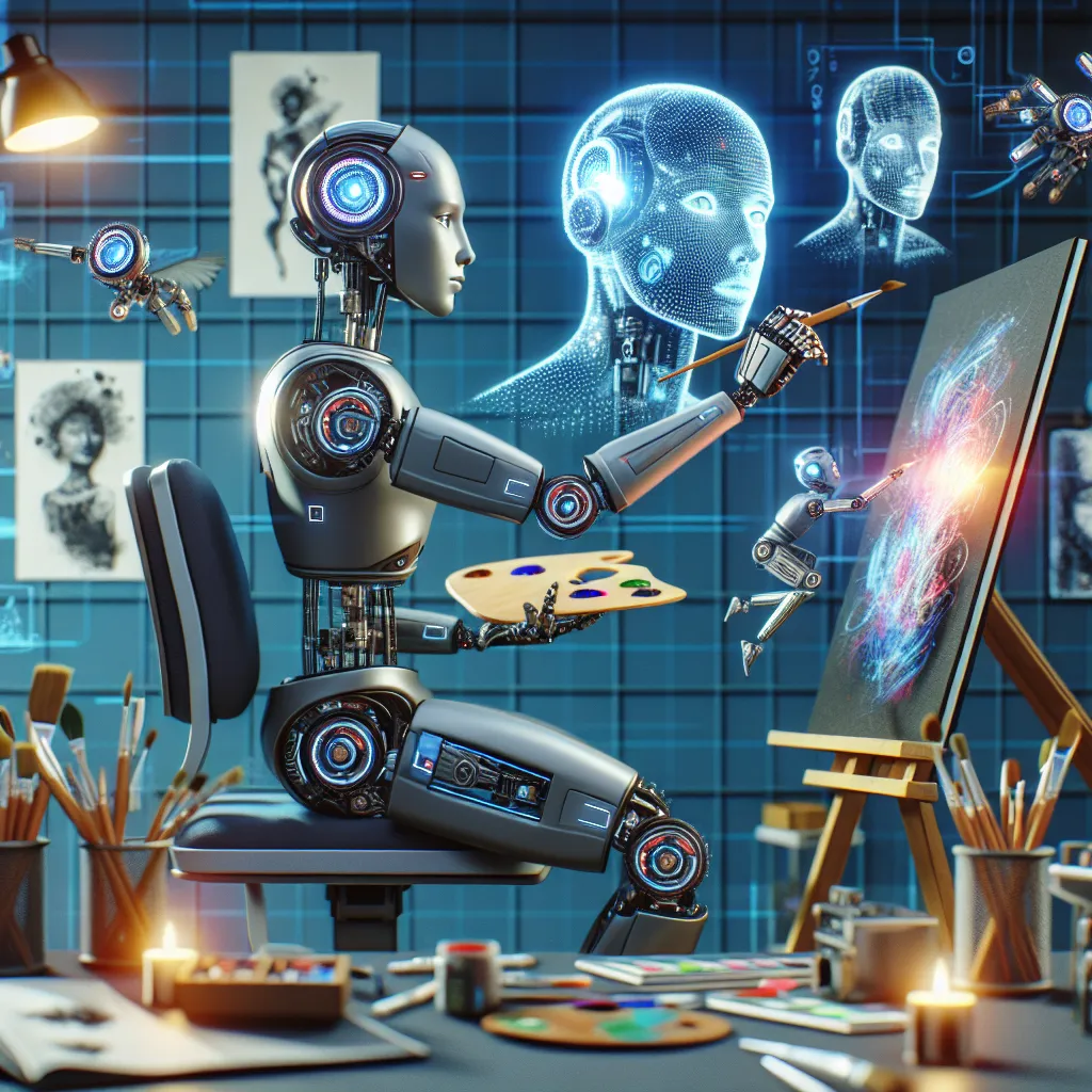 Image of a futuristic robot engaging in creative tasks, symbolizing autonomy and intelligence.