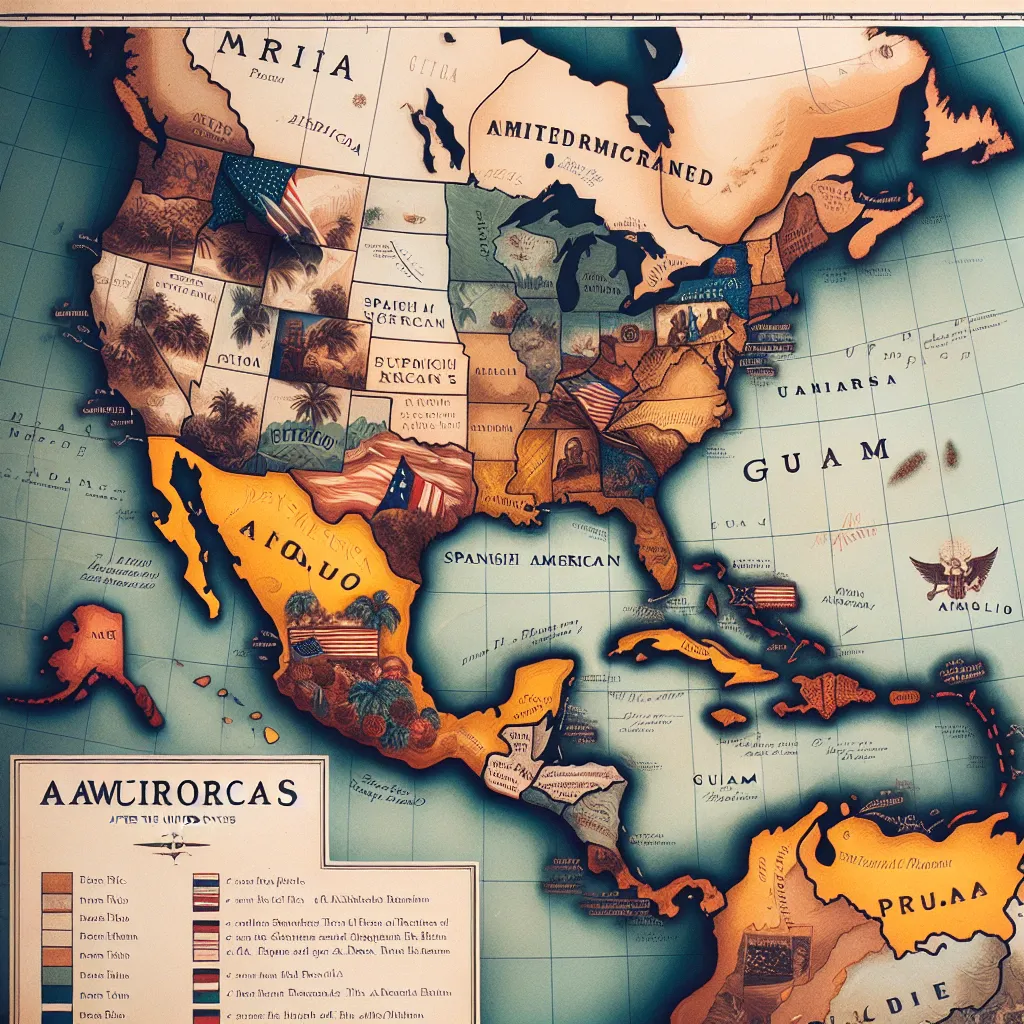 Image depicting a historical map highlighting the areas acquired by the U.S. after the Spanish-American War, including Puerto Rico and Guam.