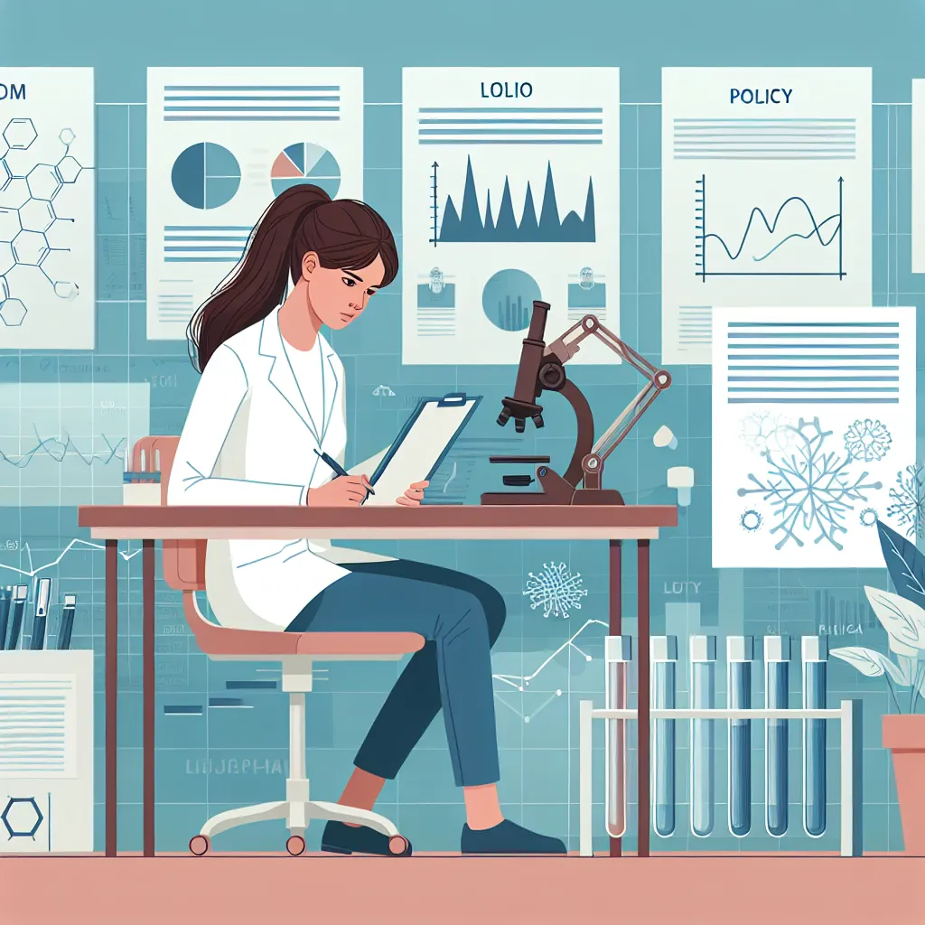 Illustration of a researcher analyzing data in a laboratory, surrounded by charts and graphs, with a backdrop of policy documents.