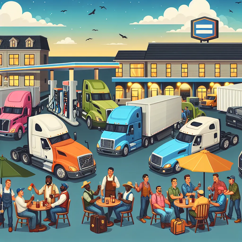 Illustration of a bustling truck stop featuring a variety of trucks refueling, a nearby gas station, a cozy bar filled with truckers socializing, and a welcoming hotel in the background, under a clear blue sky.