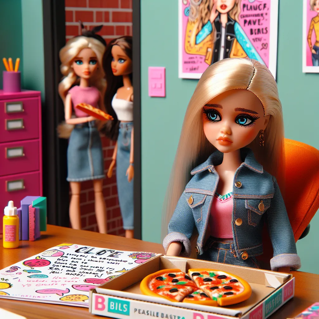 Image of a Bratz doll, Chloe, sitting on a stylish chair in a vibrant magazine office, looking sad while holding an empty pizza box. Next to her is a colorful note left on a desk, with her heartfelt message. In the background, her Bratz friends are entering the office, looking surprised as they discover the note.