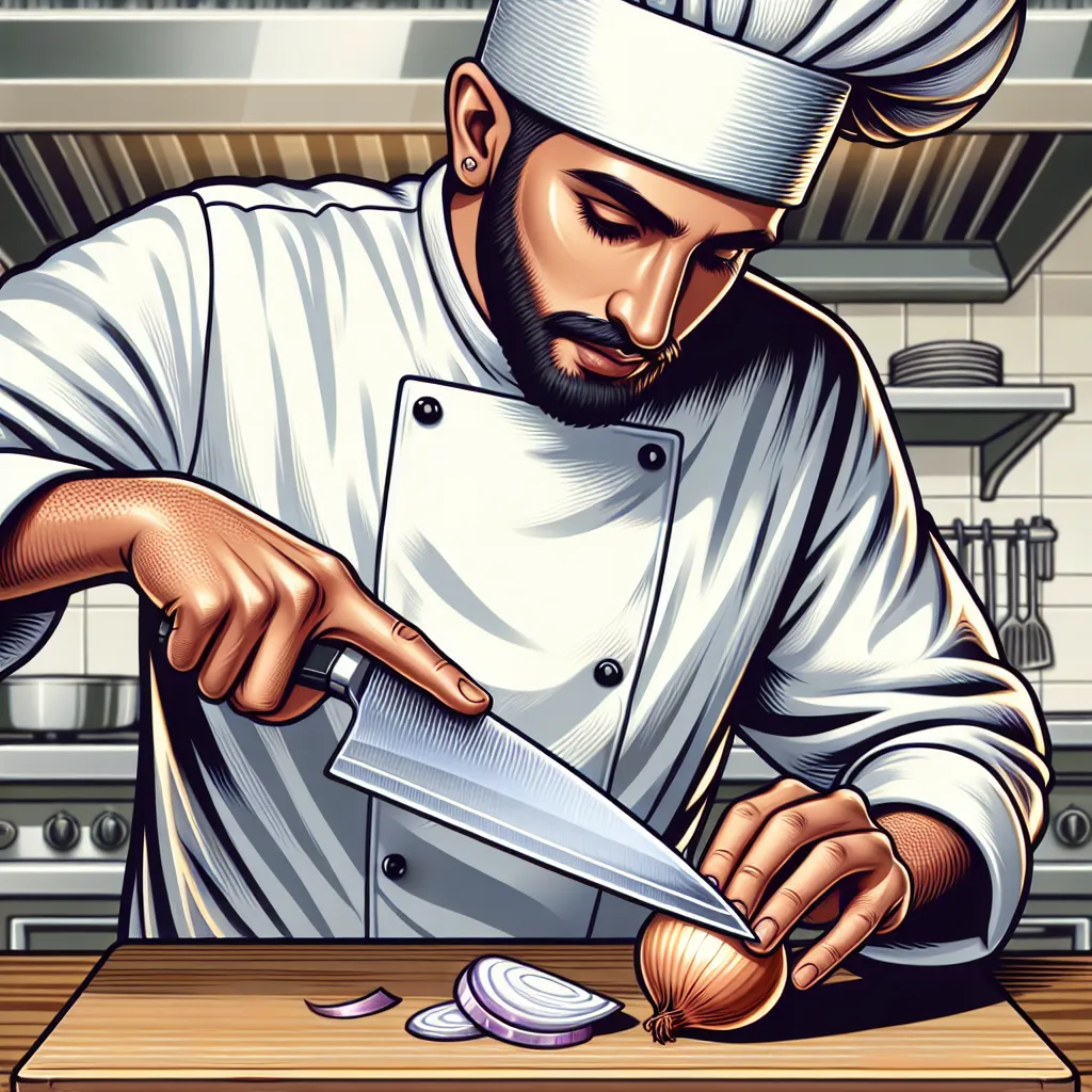 Illustration of a chef skillfully slicing an onion on a cutting board with a sharp knife, demonstrating proper technique.