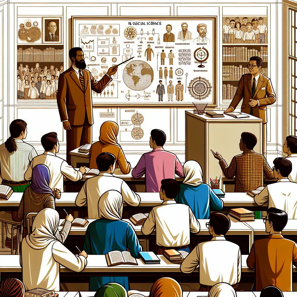 Illustration of a classroom scene with a teacher at the front using a whiteboard to outline key concepts in Social Sciences, while students engage in a structured group activity, exploring historical events through guided questions and examples.