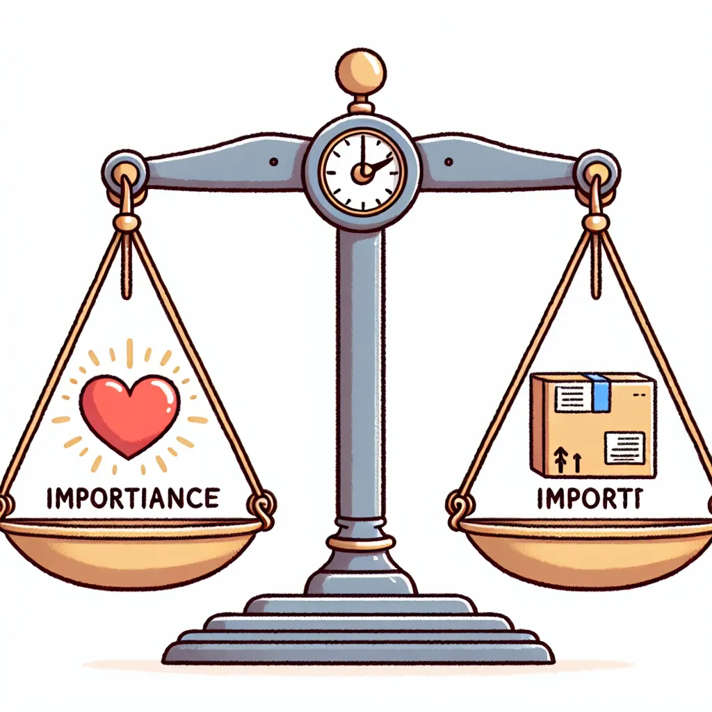 Illustration of two scales: one labeled "Importance" with a glowing heart and one labeled "Import" with a parcel, representing their meanings and usage contexts.