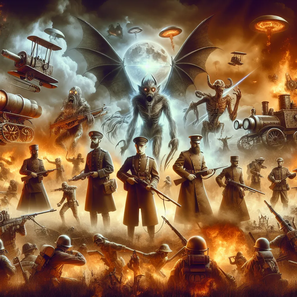 A dramatic digital artwork depicting a steampunk-inspired battlefield where soldiers from various countries collaborate with enslaved demons, set against a backdrop of Martian invasion technology. The scene shows intense combat between humans and Martian creatures, showcasing a blend of 1910s military gear and futuristic Martian tech.