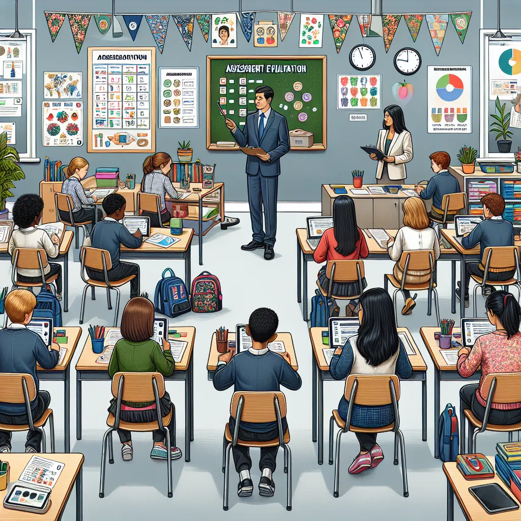 Image of a classroom setting with a teacher evaluating students' work, surrounded by charts and feedback forms, illustrating the concept of assessment evaluation in education.