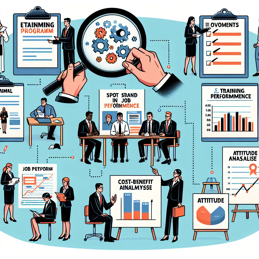 Evaluate the training program by identifying its strengths and weaknesses, assessing the effectiveness of its content and organization for on-the-job learning, and reviewing revised materials based on formative evaluation. Observe trainer performance and student engagement, administer post-program tests for outcome measurement, and conduct an attitude survey to gauge participant satisfaction and needs fulfillment. Lastly, compare job performance between trained and untrained individuals and anal