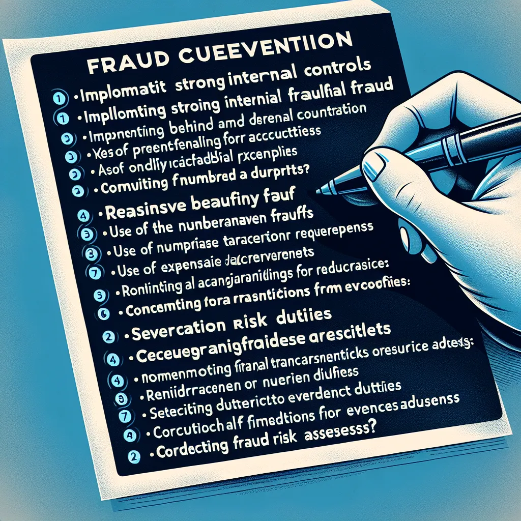 Here are the answers to the questions regarding fraud prevention in an organization:

**Question 1:** d. Implementing strong internal controls and segregation of duties

**Question 2:** d. To detect and prevent fraudulent activities

**Question 3:** a. Expense reimbursement fraud

**Question 4:** b. The fraudster believes they deserve the stolen money

**Question 5:** d. Use numbered receipts and balance the cash register daily

**Question 6:** b. They insist on performing certain tasks not with