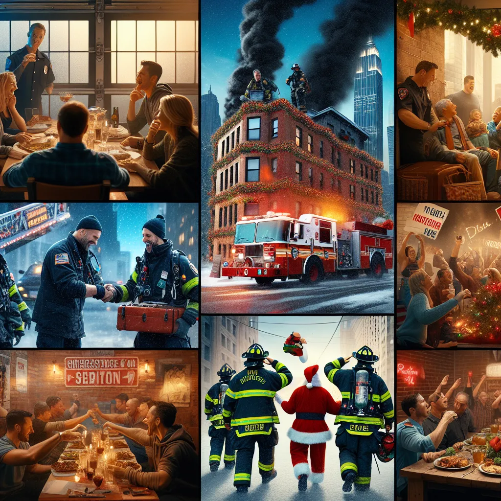 **Title: A New York Christmas Rescue**

**Scene 1: Firefighter's Station**  
*The firehouse is bustling with excitement as firefighters discuss their upcoming vacation plans.*  

**Firefighter 1:** "I can’t wait for our trip! Just a week away from this chaos!"  
**Firefighter 2:** "Right?! I’m already daydreaming about the beach!"  

*The fire chief overhears them.*  

**Fire Chief:** "Hold on, team! We’ve got one more shift before you hit the road. Let’s make it a good one!"  

---

**Scene 2: 