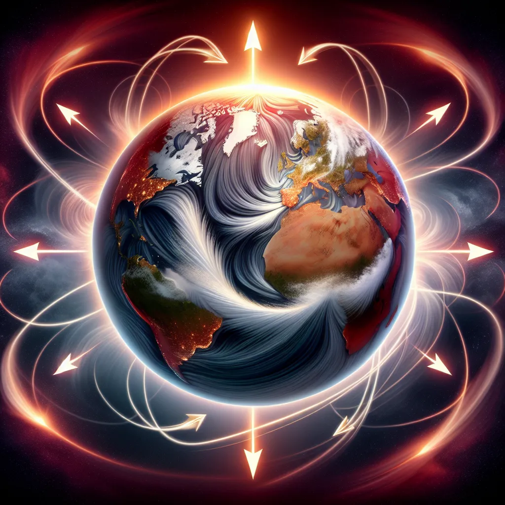 Illustration of Earth with arrows indicating magnetic pole reversal, featuring dramatic lighting and swirling clouds at the poles.