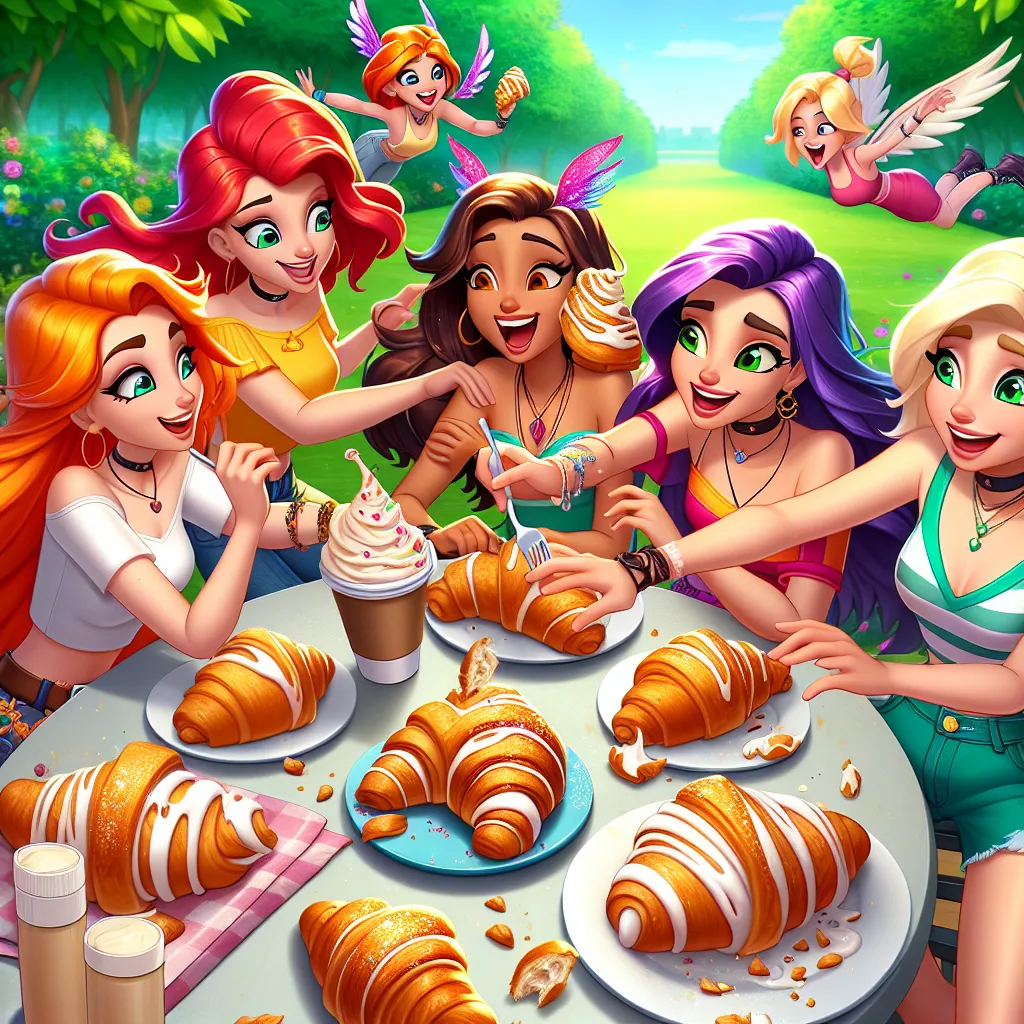 In a vibrant park, the Winx Club members Bloom, Stella, Flora, Tekna, and Aisha relaxed, sharing delicious cream-filled croissants. 

Stella exclaimed, “These tubes are so tasty!” 

Flora chimed in, “I love them too!” 

As the muse admired their snack, Bloom grinned, “I’ve got plenty, just ask!” But when Flora reached for the last one, the muse quickly zipped in and grabbed it, declaring, “Thanks!” before shooting away.

With a playful camaraderie, Bloom shouted, “Get it back!” The group leaped 