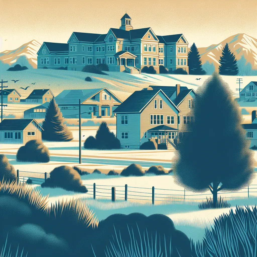Illustration of a serene suburban Colorado neighborhood, with the Columbine High School in the background, capturing the contrast between the peaceful setting and the haunting events of the story.