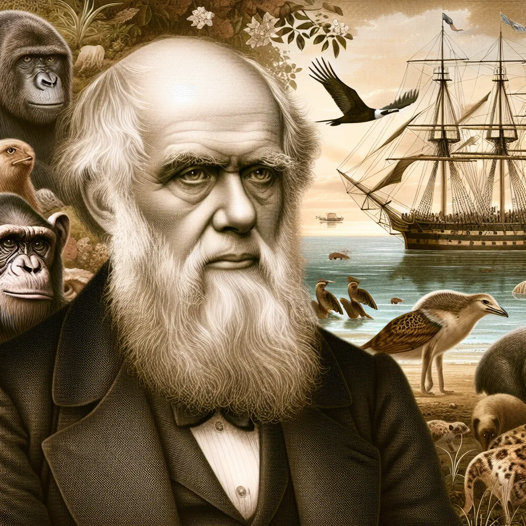 Portrait of Charles Darwin, with a background of diverse wildlife and the HMS Beagle sailing in the distance.