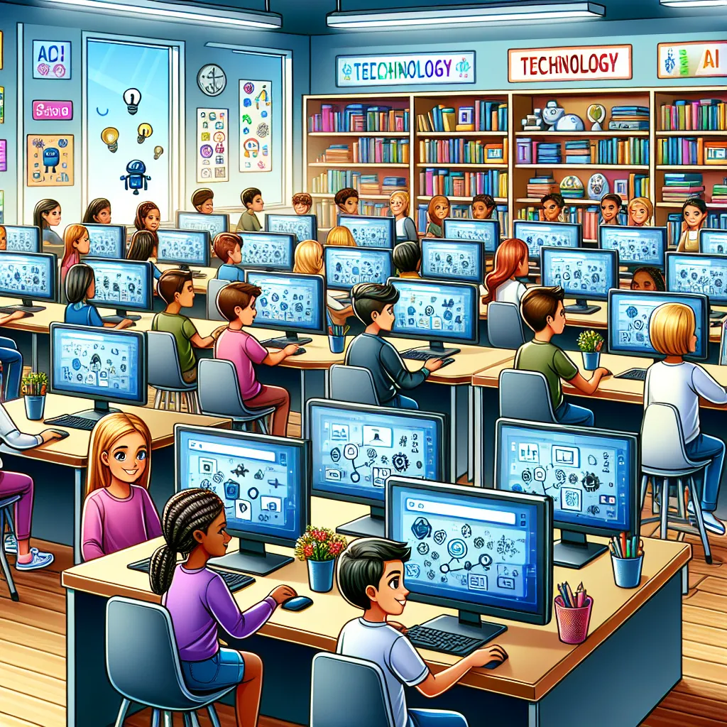Illustration of a school computer lab with students happily using various unblocked AI websites on their screens, surrounded by books and educational posters.