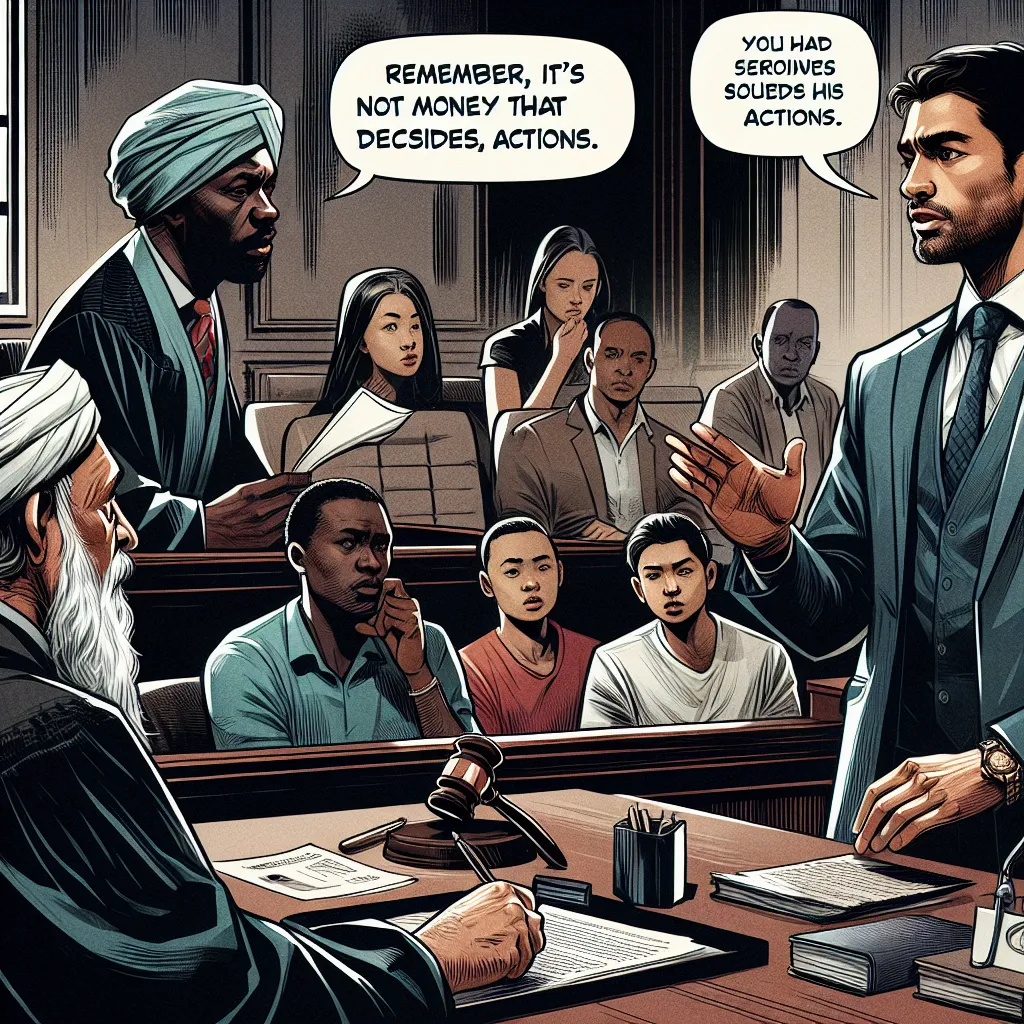 A tense courtroom scene where Edward Vanguard stands confidently at the witness stand, recounting his experience. The judge listens intently, and the prosecutor takes notes. In the audience, the girl who brought him cookies watches nervously. The rapist sits calmly at the defendant's table, a look of disdain on his face. Dialogue bubbles show Edward saying, "Remember, it's not money that decides, but actions," as he points toward the rapist, while the judge raises a hand to maintain order in the