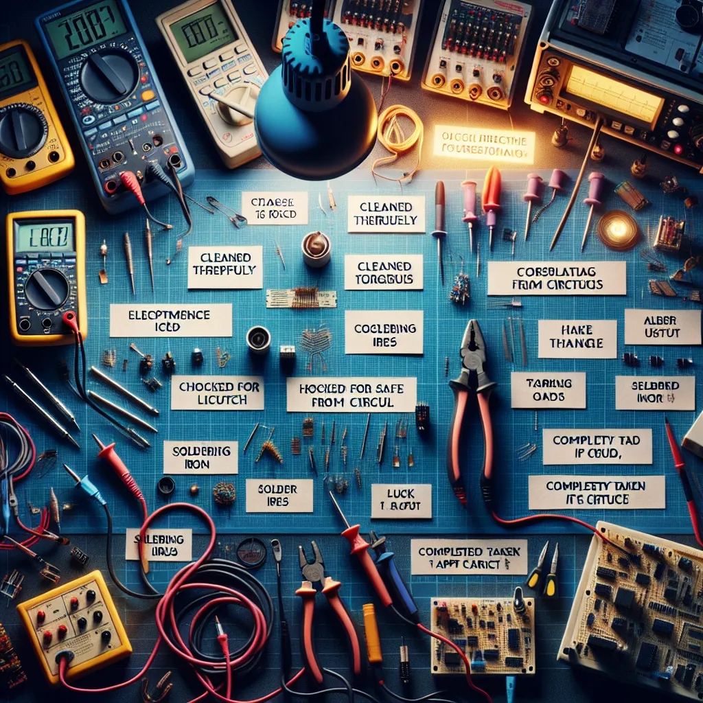 Illustration of various pieces of electrical equipment on a workbench, clearly labeled with safety steps like "Cleaned Thoroughly," "Checked for Faulty Wires," "Isolated from Circuit," and "Completely Taken Apart."