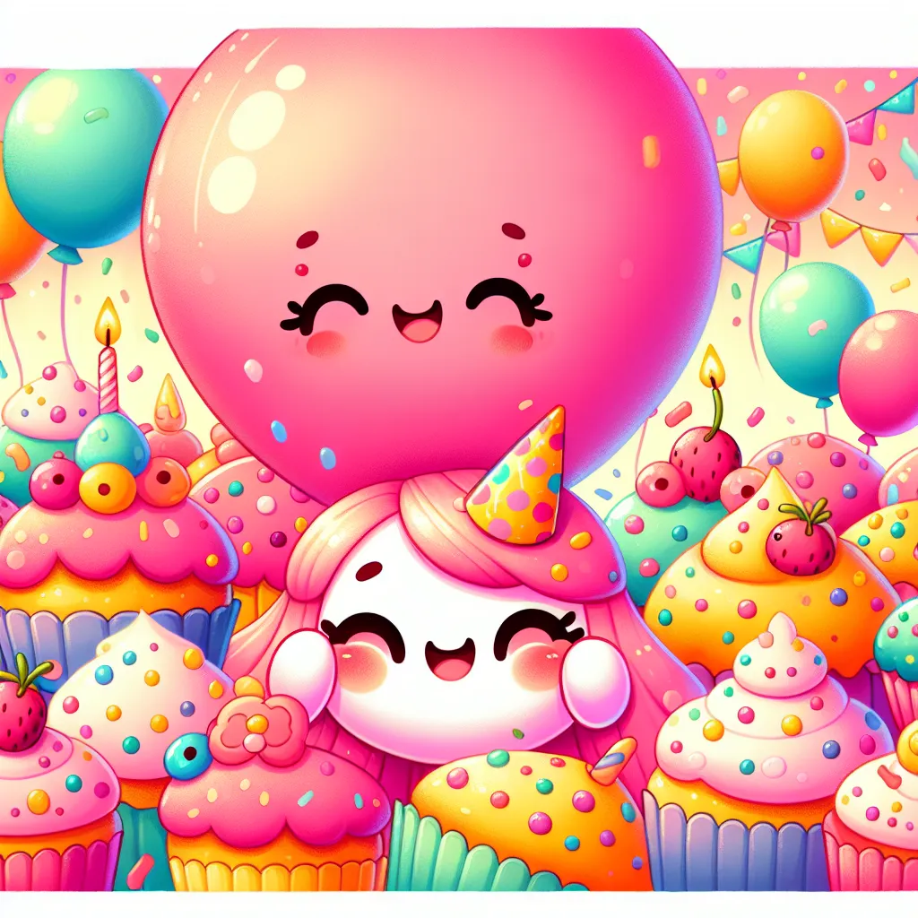 A whimsical illustration of a character resembling Natsuki from DDLC, happily inflated like a balloon, surrounded by colorful cupcakes and a cheerful setting, with no signs of popping or floating away.