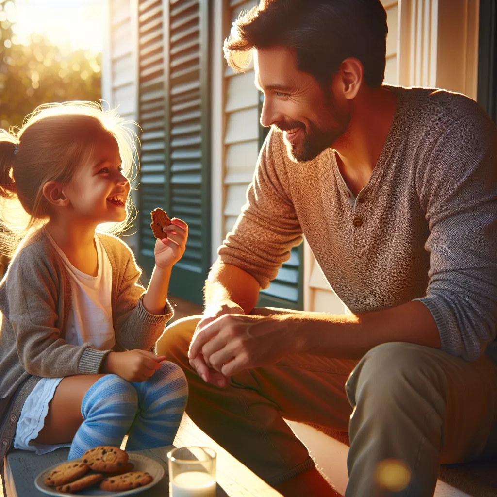 **Scene Description:** A warm, sunlit setting with Edward Vanguard and a cheerful 6-year-old girl named Lily sitting on his front porch. Edward, looking thoughtful yet approachable, shares a moment with her as they enjoy cookies and juice. 

**Dialogue:**

**Lily:** "Where do you come from?"

**Edward:** "I’ve been through some tough times, but I’m trying to make a better path now. And you, what makes you so cheerful?"

**Lily:** "I just like to be happy! But don’t make mistakes like I did, okay