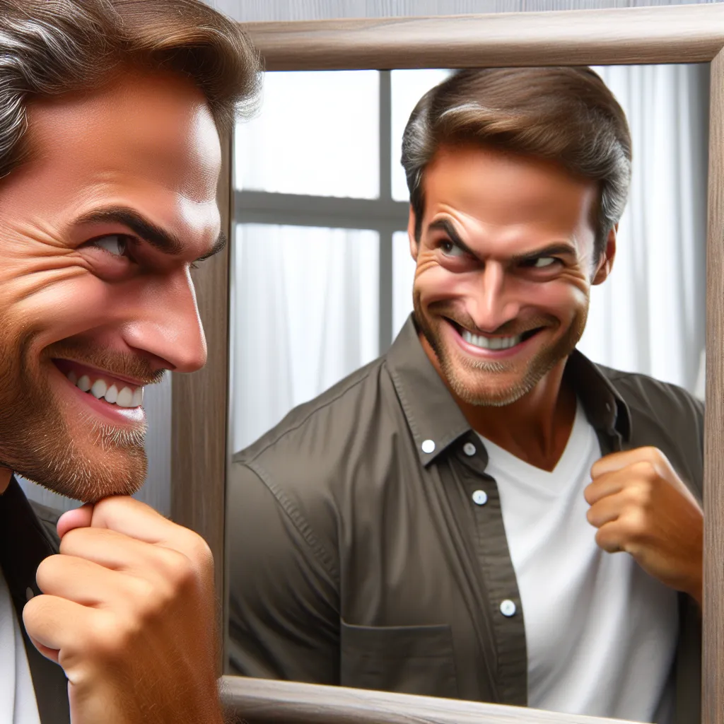 Imagen de un hombre sonriente mirándose en un espejo, reflejando una expresión maliciosa y decidida.