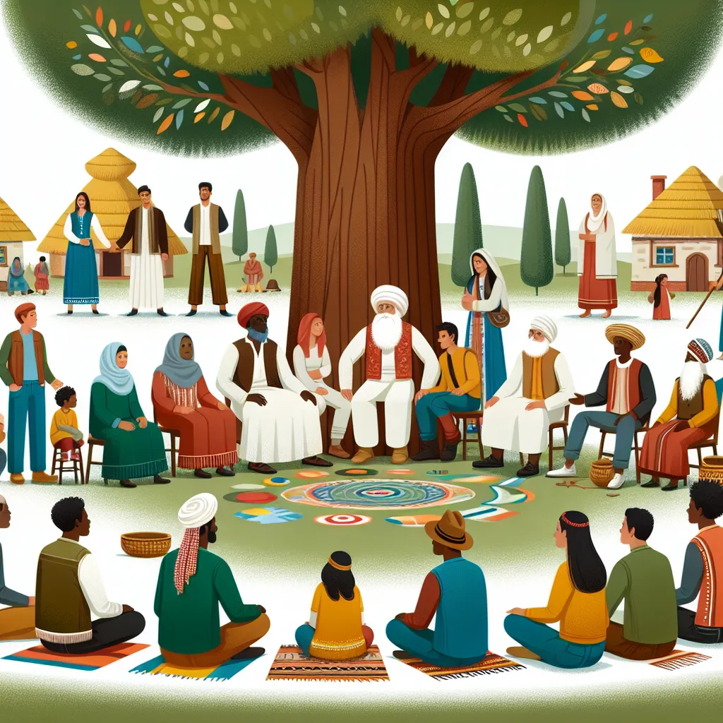 Illustration of a traditional gathering in a village setting, showcasing people discussing community matters under a large tree with cultural artifacts around.