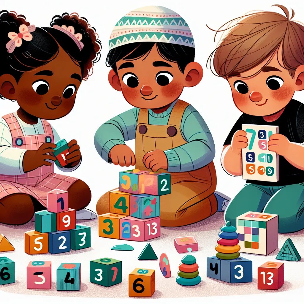 Illustration of three children playing with different math-related toys: counting blocks, a shape sorter, and a number puzzle.