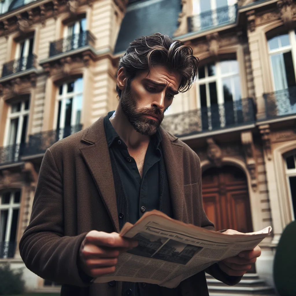 Descripción idealizada para imagen: Un hombre reflexivo parado frente a una mansion, mirando un diario abierto en sus manos con una expresión de profundo arrepentimiento y tristeza.