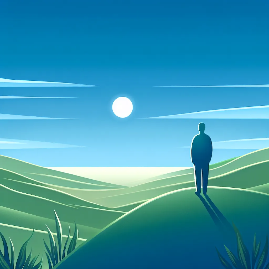 Illustration of a serene landscape with a bright sky and a figure symbolizing hope standing atop a hill, gazing toward the horizon.