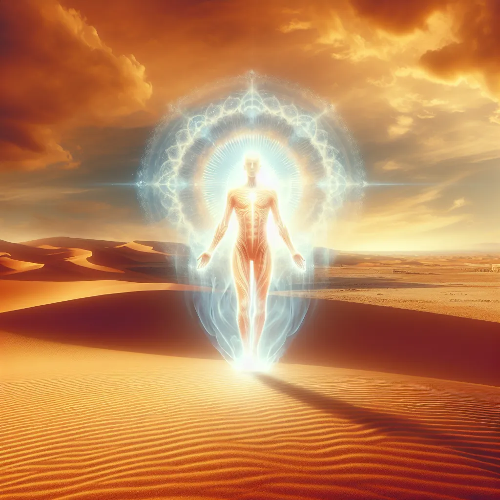A mystical figure in a desert landscape, embodying both human and animal traits, symbolizing transformation and spiritual guidance.
