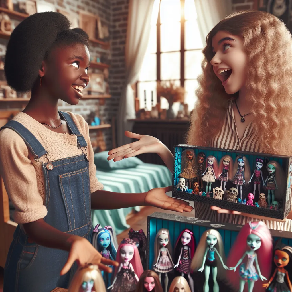 Image of a girl in her bedroom, excitedly showing her Monster High doll collection to a friend, with a particular focus on a Laguna Blue doll.