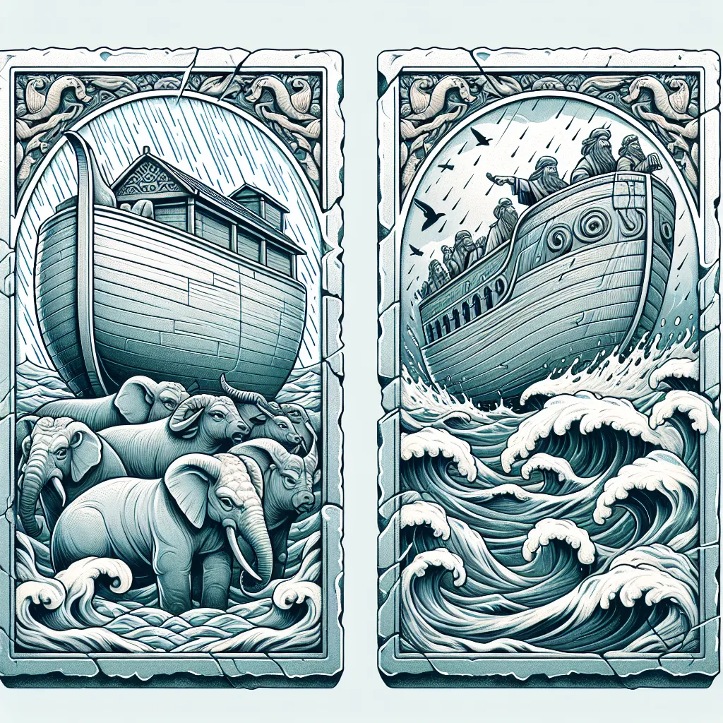 Illustration of two ancient tablets, one depicting Noah's Ark and the other showcasing Utnapishtim's boat, surrounded by water and flood imagery.