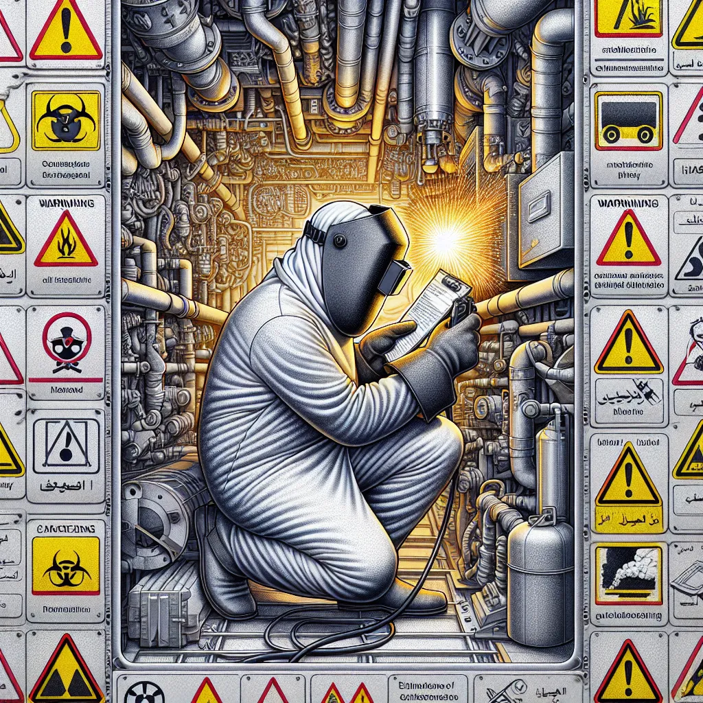 Illustration of a welder in a confined space with warning signs, highlighting hazards like toxic substances, fluctuating oxygen levels, and fire risks, to emphasize safety concerns.