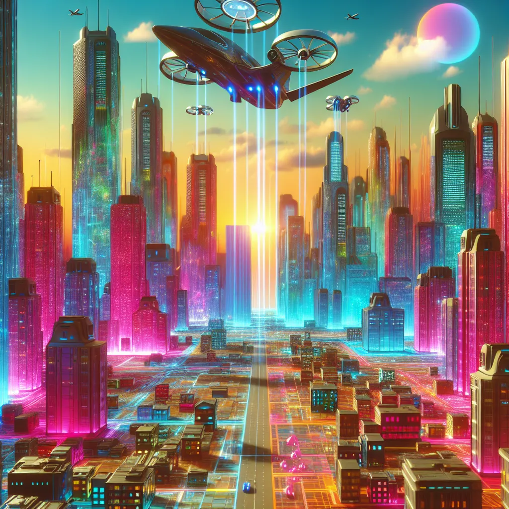 Bright and colorful CGI scene featuring a futuristic cityscape with flying cars and towering skyscrapers.