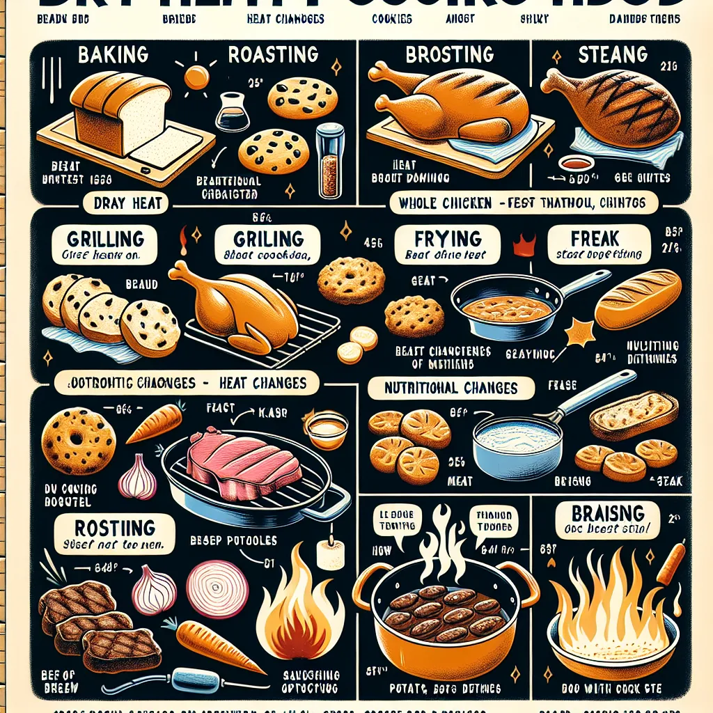 ### Title: Sizzling Steak

**Heat Transfer:** Conduction through the hot surface of the grill.

**Heat Changes:**
1. Browning (Maillard reaction)
2. Fat rendering
3. Moisture loss

**Nutritional Changes:** Cooking can enhance some nutrients (e.g., lycopene in tomatoes) but may reduce others (e.g., vitamin C).

**Dry Heat Cooking Methods:**
1. **Baking:**
   - Steps: Preheat oven, place food inside, monitor temp.
   - Examples: Bread, cookies.
   - Doneness: Toothpick test for baked goods.

2. **