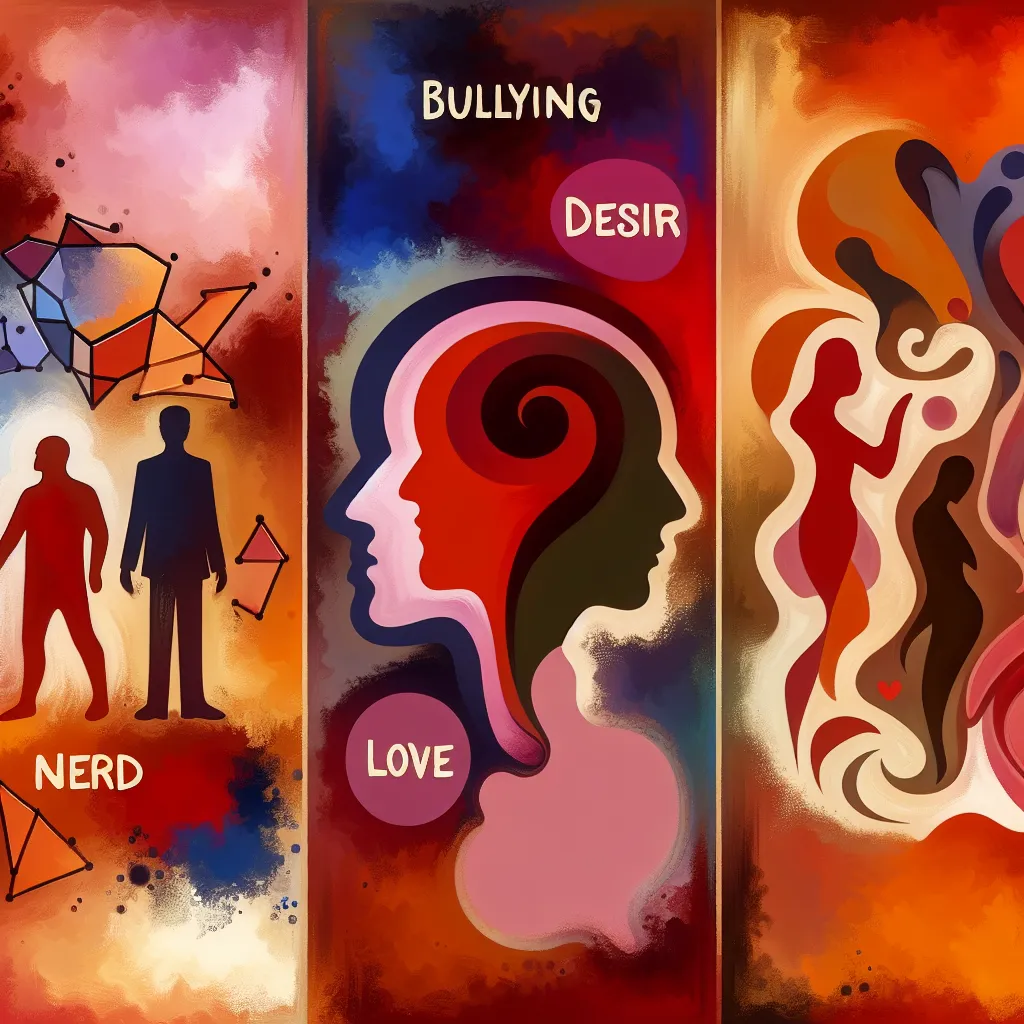 Nerd, Bullying, Deseo, Amor, Transformación in an abstract style