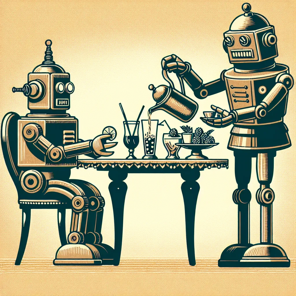 Illustration of a vintage-style robot serving drinks at a table, representing the original meaning of "servant."