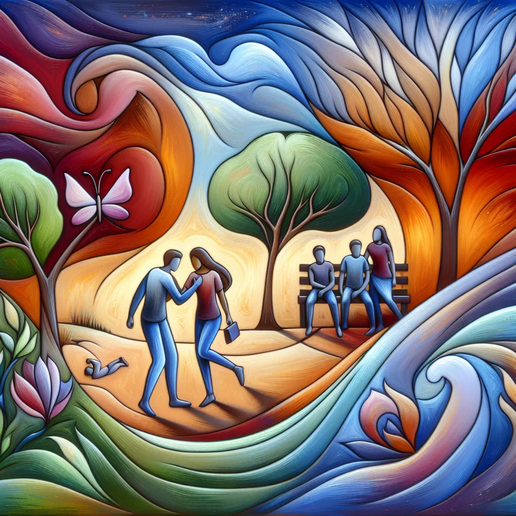 Historia, Bullying, Relación, Redención, Jardín in an abstract style
