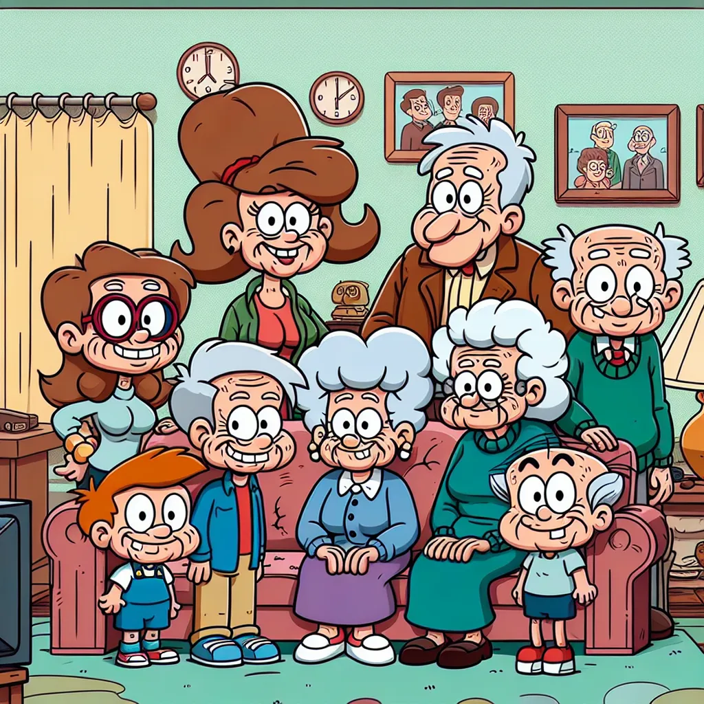 Illustration of aging versions of The Simpsons family gathered in their living room, showing visible signs of age while maintaining their iconic styles.