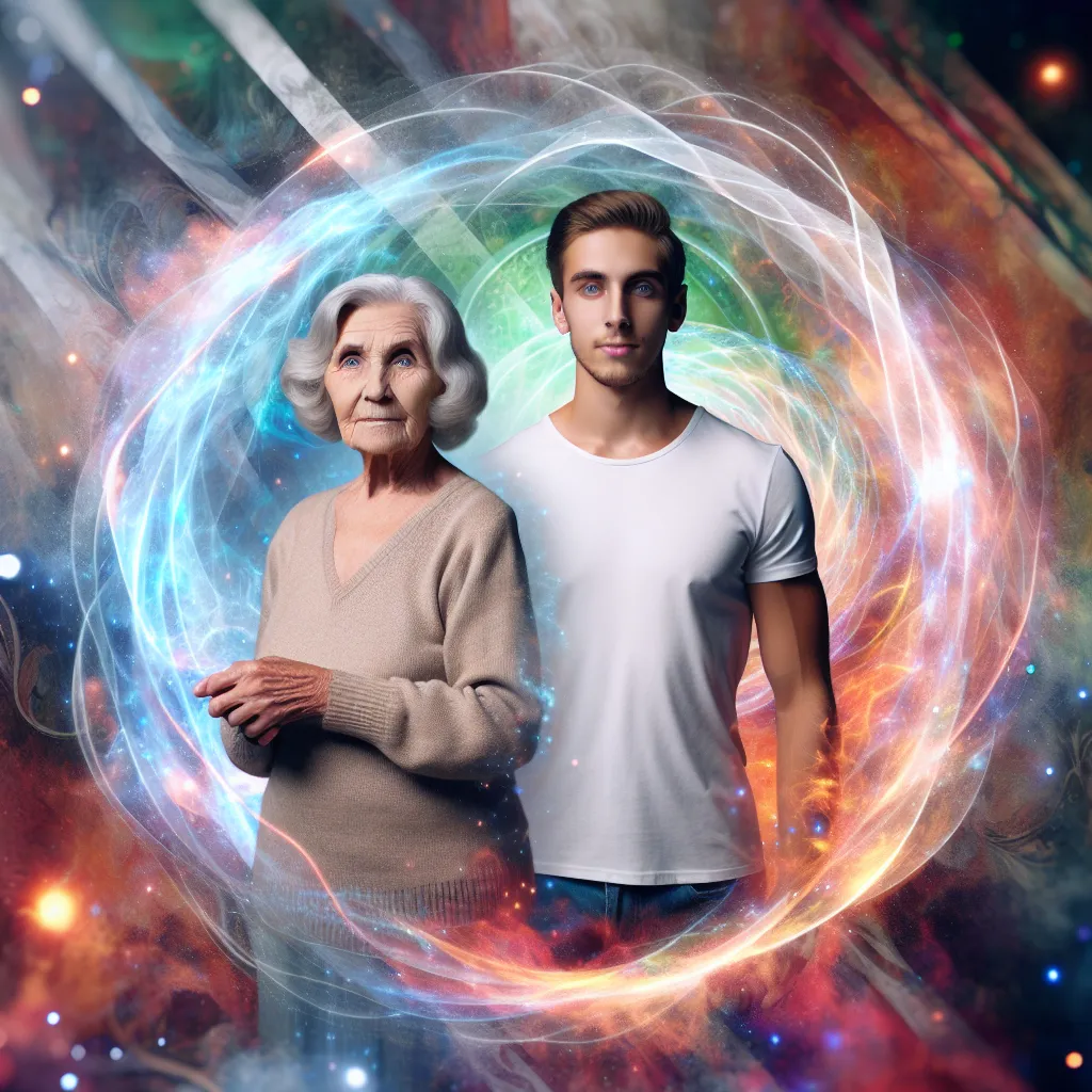 Illustration of an elderly woman and a young man standing side by side, with a magical aura swirling around them as they exchange bodies, set in a whimsical, colorful background.