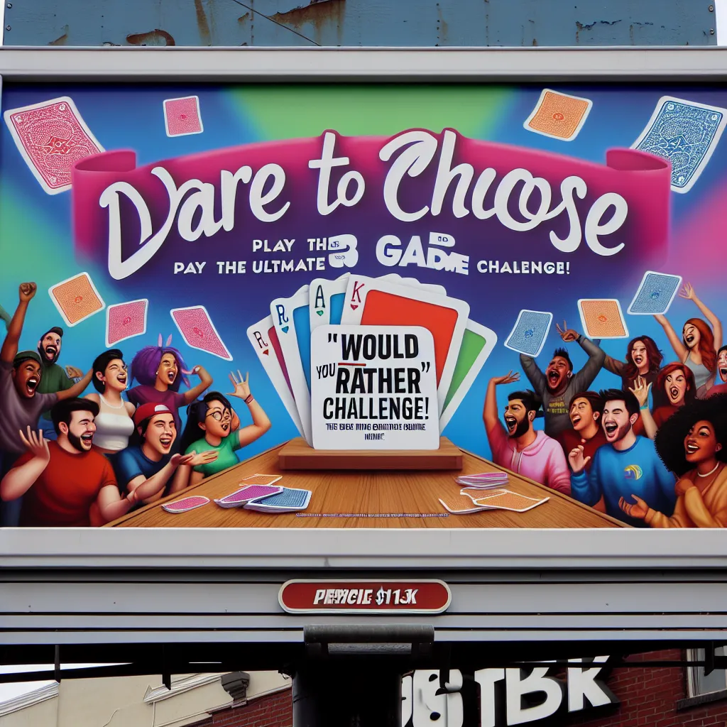 Billboard ad featuring vibrant graphics of people enjoying a lively card game night, with the text: "Dare to Choose: Play the Ultimate 'Would You Rather' Challenge!" Price $18K in small font at the bottom right corner.