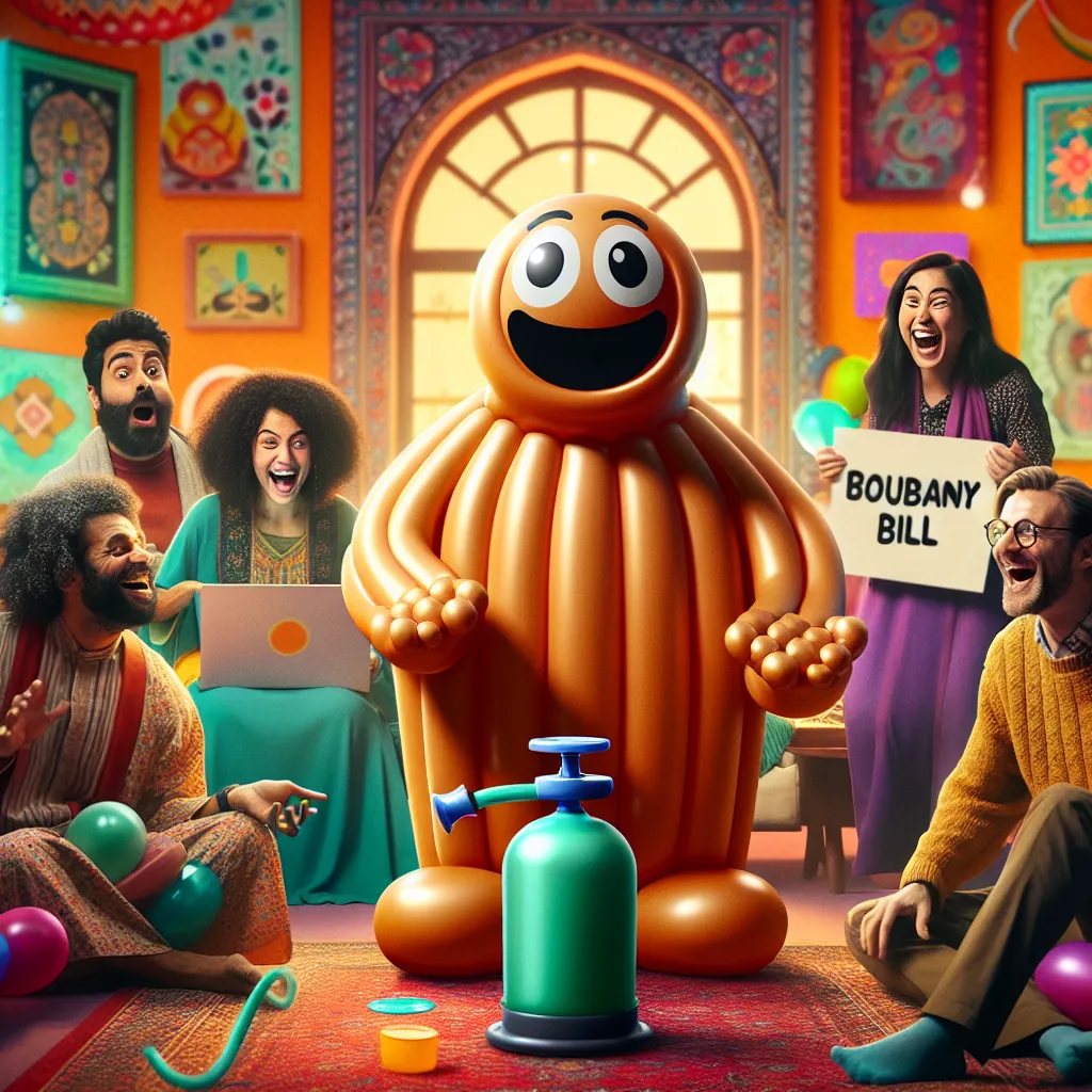 Illustration of a surprised person with a rubbery, inflatable body, sitting up in bed while their girlfriend playfully holds a balloon pump. Around them, friends are laughing and holding up signs with funny names like "Bouncy Bill" and "Inflatable Ivan."