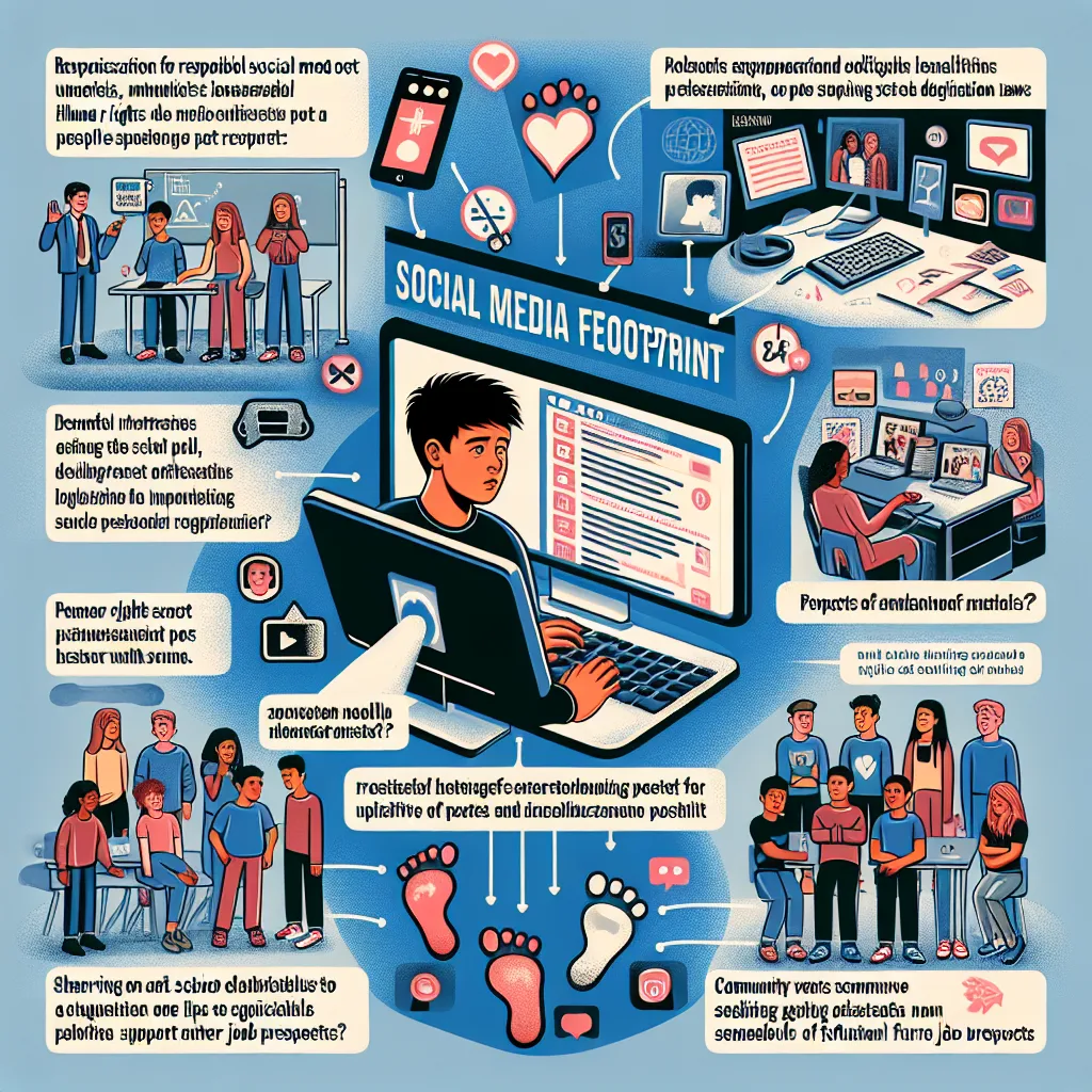 Here are short instructions for creating an image related to the questions provided:

1. **Social Media Footprint**: Create an infographic illustrating the concept of a social media footprint, featuring footprints made of digital icons representing various social media platforms.

2. **Reputation Impact**: Design a split image showing two scenarios: one side depicting a young person gaining popularity due to positive posts, and the other side showing the same person facing judgment or rumors due