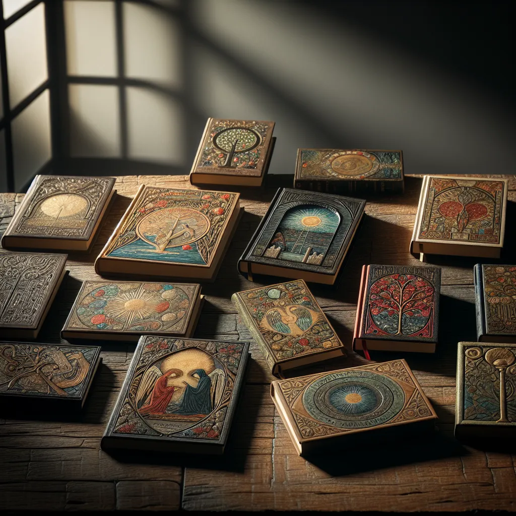 Collage of famous book covers, featuring classic and contemporary literature, arranged aesthetically on a wooden table.