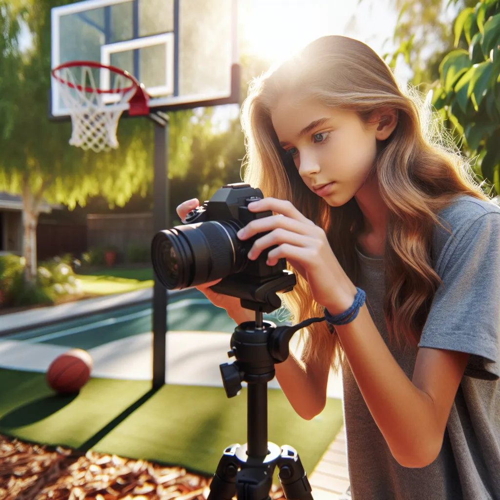 Photo of a teenage girl setting up a camera on a tripod outdoors next to a basketball hoop, with a sunny, suburban backyard setting.