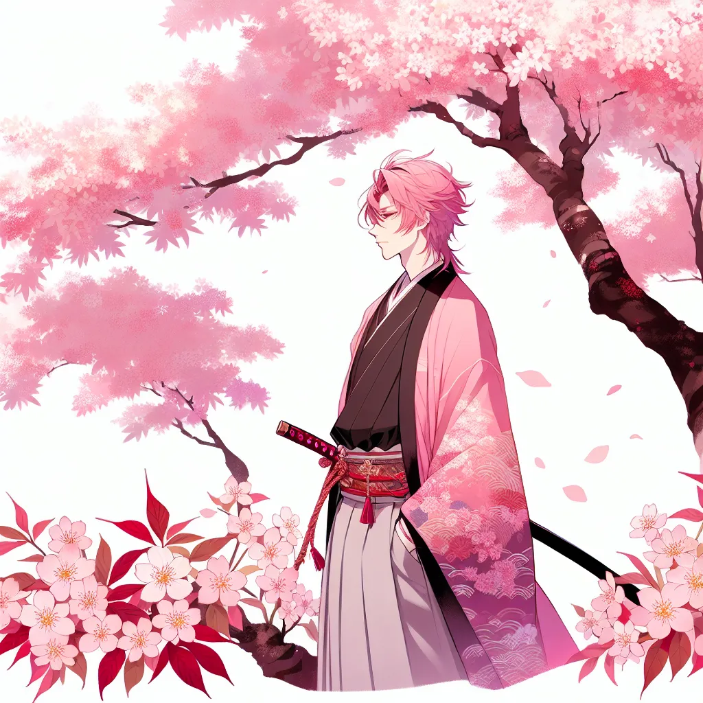 Ilustrasi seorang pria dengan rambut pink dan pakaian mirip Sakura Haruno, berdiri di tengah bunga sakura yang mekar.